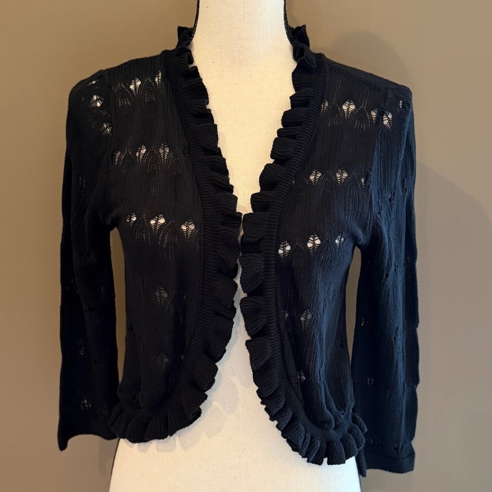 Notations Black Long Sleeve Ruffle Crocheted Open Front, Size Petite Medium